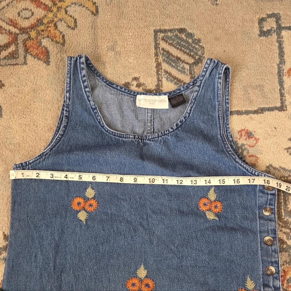 Vintage Denim Petite Sophisticates Embroidered Floral Dress Jumper Overall Y2k - Picture 6 of 9